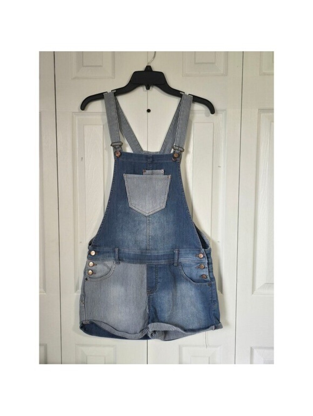 American Rag Blue Denim Hickory Stripe Mixed Pattern Shortalls Overalls Size 5
